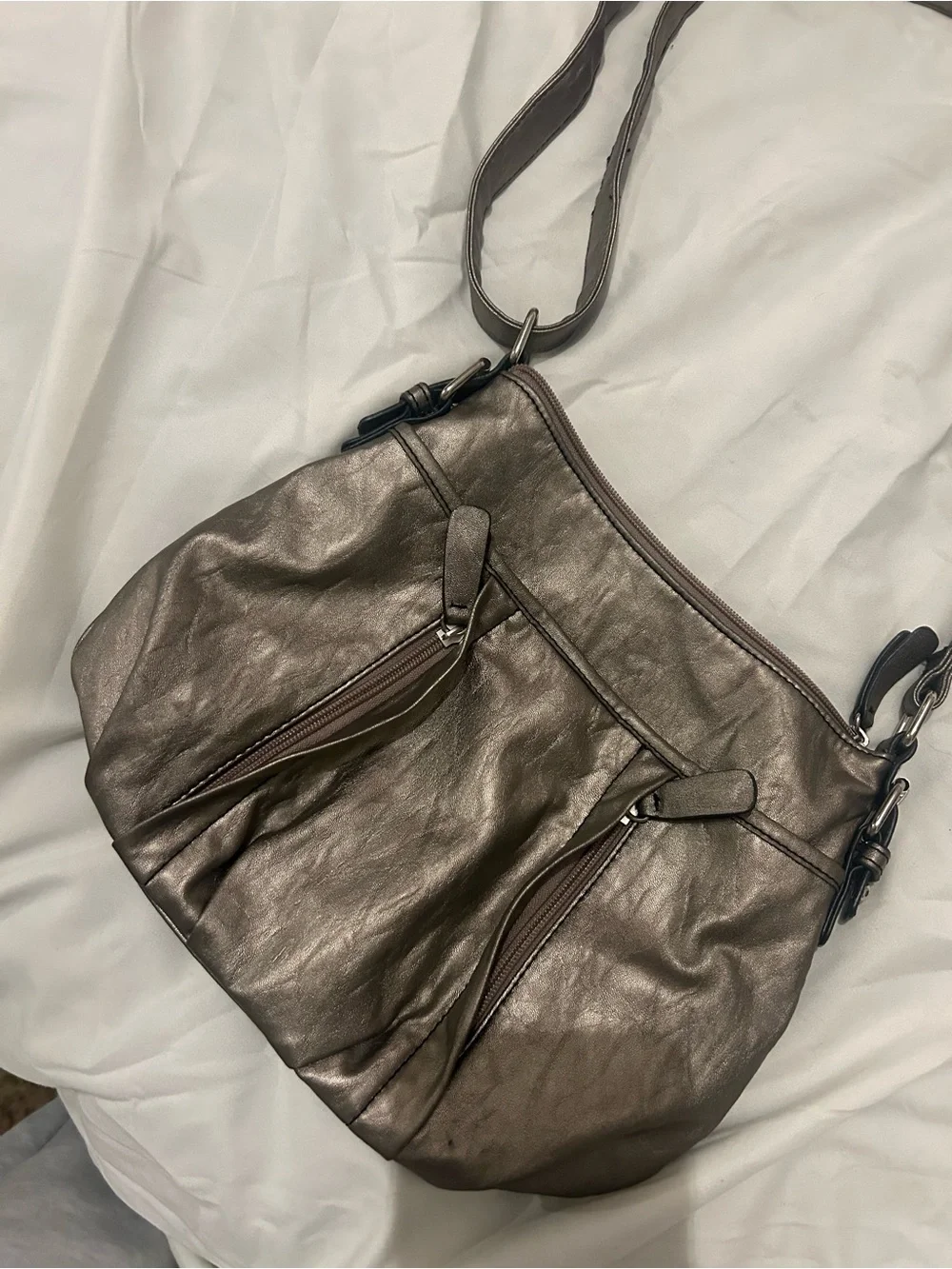 Metallic Taupe Shoulder Bag with Adjustable Strap